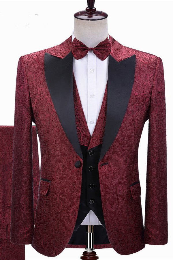 Burgundy Jacquard Peaked Lapel Three-pieces Wedding Men Suits-showprettydress