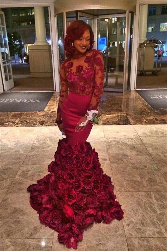 Burgundy Lace-Appliques Long-Sleeves Flowers-Train Mermaid Prom Dresses-showprettydress