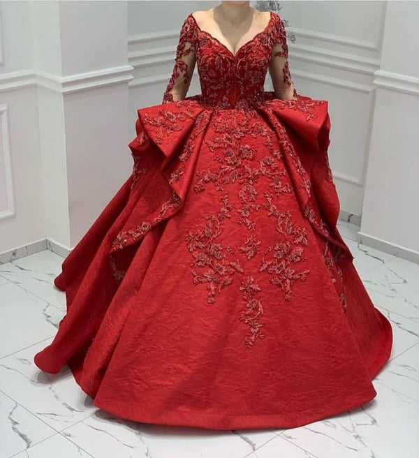 Burgundy Lace Appliques Long Sleevess V-neck Ruffles Ball Gowns Evening Gowns-showprettydress
