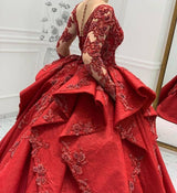 Burgundy Lace Appliques Long Sleevess V-neck Ruffles Ball Gowns Evening Gowns-showprettydress