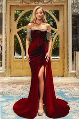 Burgundy Long Mermaid Off The Shoulder Sparkly Velvet Prom Dresses With Slit-showprettydress