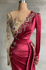 Burgundy Long Sleeves Mermaid Prom Dress With Beadings-showprettydress