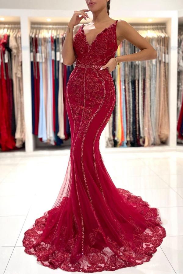 Burgundy Long V-Neck Mermaid Lace Appliques Evening Dress With Beadings-showprettydress