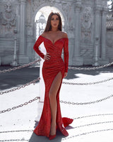 Burgundy Mermaid Evening Gown with Sleeves Splitfront Chic Party Dress-showprettydress