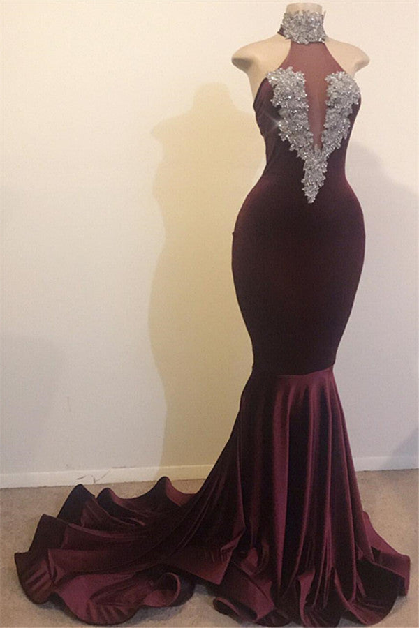 Burgundy Mermaid High Neck Velvet Prom Dresses-showprettydress