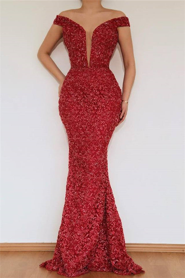Burgundy Mermaid Off-the-Shoulder Lace Appliques Prom Dress With Detachable Skirt-showprettydress