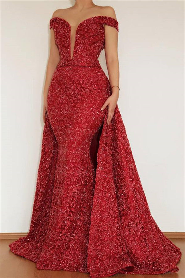 Burgundy Mermaid Off-the-Shoulder Lace Appliques Prom Dress With Detachable Skirt-showprettydress
