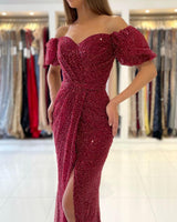 Burgundy Mermaid Off-the-Shoulder Prom Dress Long Sequins Evening Formal Gowns with Slit-showprettydress
