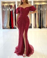 Burgundy Mermaid Off-the-Shoulder Prom Dress Long Sequins Evening Formal Gowns with Slit-showprettydress