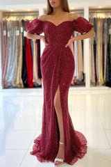 Burgundy Mermaid Off-the-Shoulder Prom Dress Long Sequins Evening Formal Gowns with Slit-showprettydress