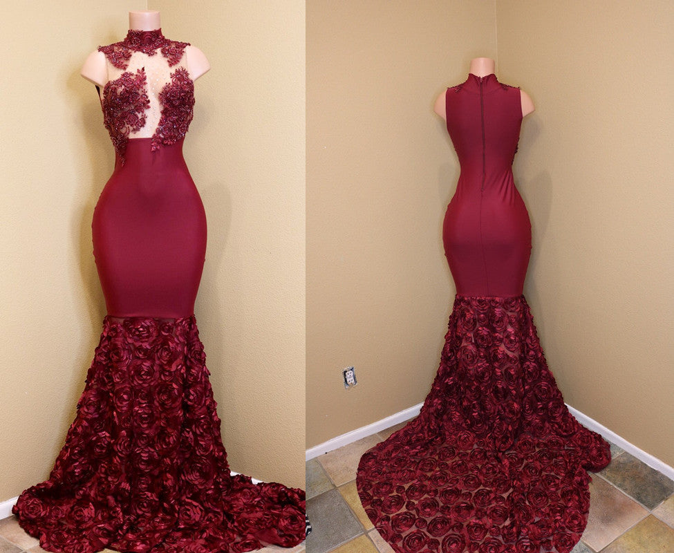 Burgundy Evening Gowns Gold Appliques Long Sleeves Split Open Back Mermaid Prom Dresses main image 1