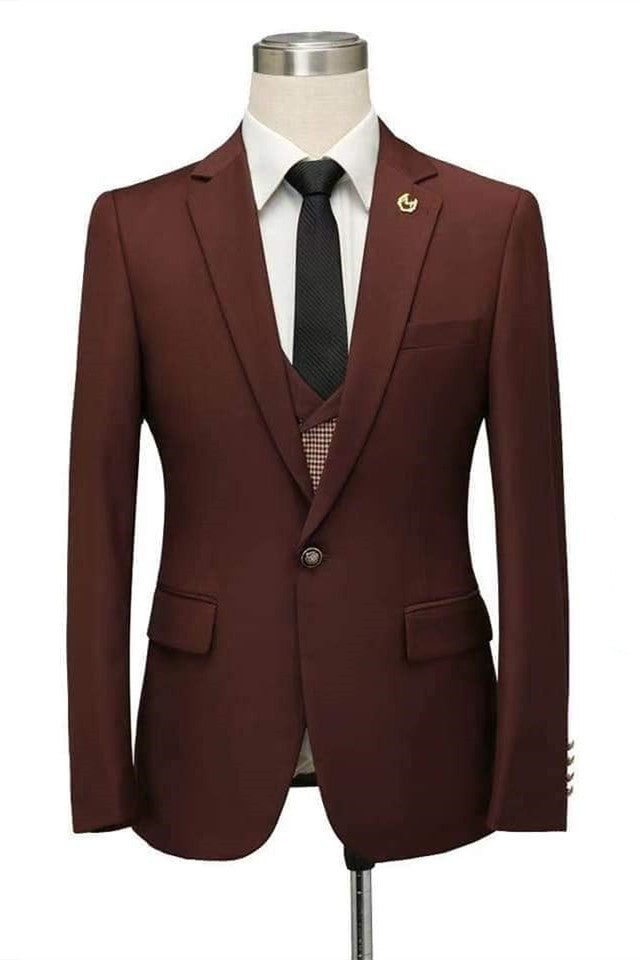 Burgundy Notched Lapel Fitted Men Marriage Suits-showprettydress