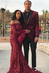 Burgundy Off Shoulder Sequins Sheath Long Sleeves Prom Dress with Feather-showprettydress