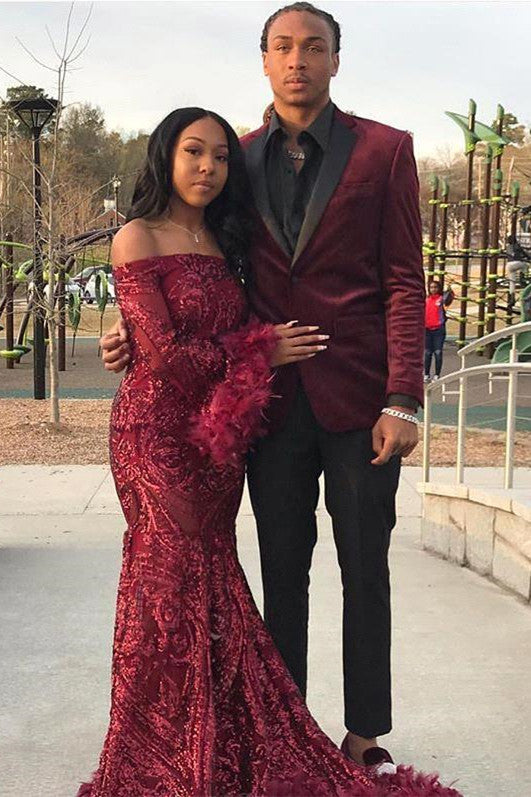 Burgundy Off Shoulder Sequins Sheath Long Sleeves Prom Dress with Feather-showprettydress