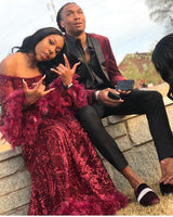 Burgundy Off Shoulder Sequins Sheath Long Sleeves Prom Dress with Feather-showprettydress