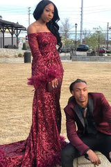 Burgundy Off Shoulder Sequins Sheath Long Sleeves Prom Dress with Feather-showprettydress