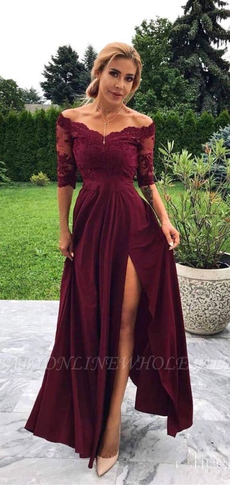 Burgundy Off-the-Shoulder Lace Half Sleeves Prom Dresses With Split Chiffon Party Gowns-showprettydress