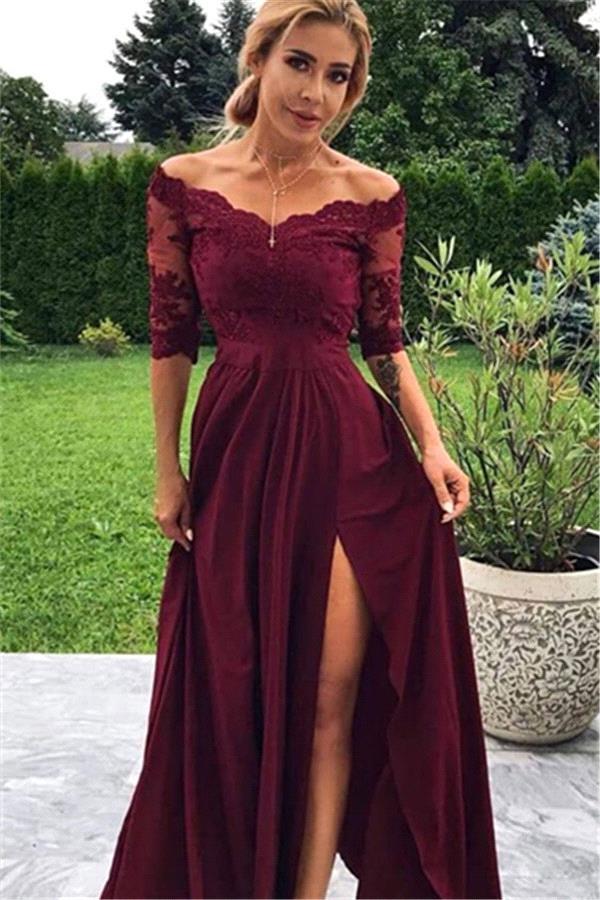 Burgundy Off-the-Shoulder Lace Half Sleeves Prom Dresses With Split Chiffon Party Gowns-showprettydress