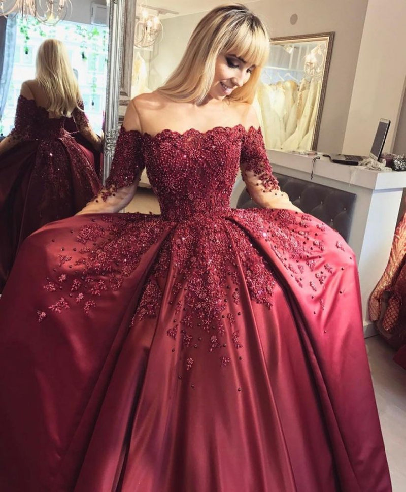 Burgundy Off-the-Shoulder Long-Sleeves Crystal Appliques Ball Prom Dresses-showprettydress