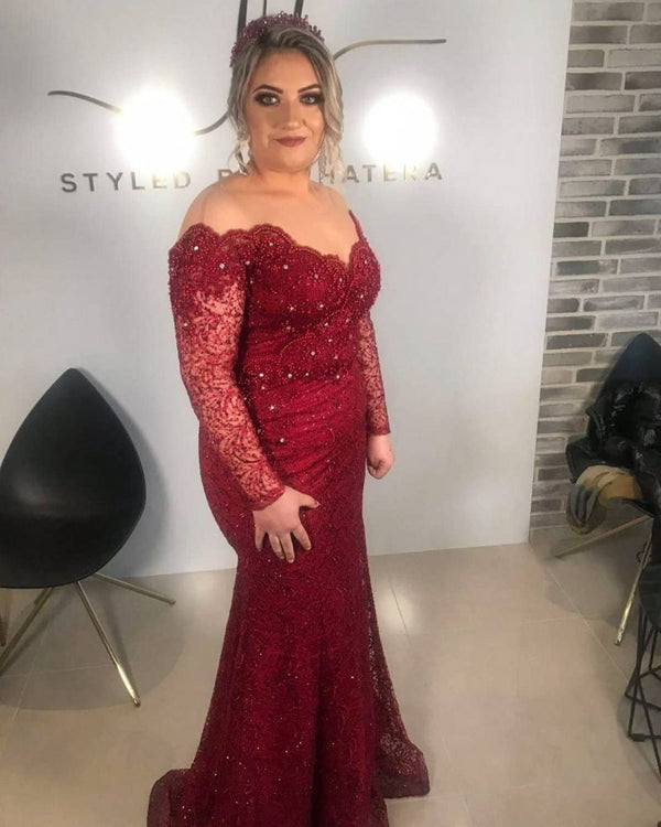 Burgundy Off-the-shoulder Mermaid Mother of the bride Dresses-showprettydress