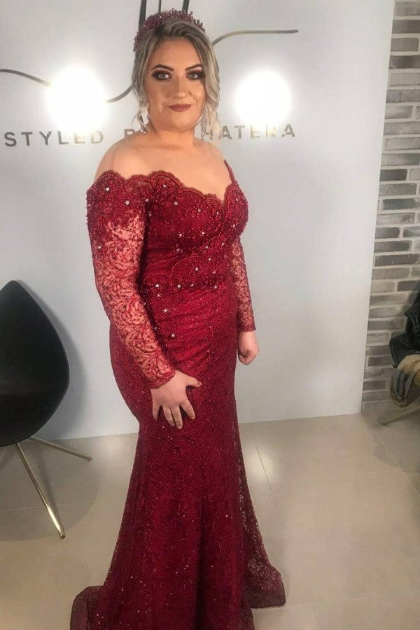 Burgundy Off-the-shoulder Mermaid Mother of the bride Dresses-showprettydress