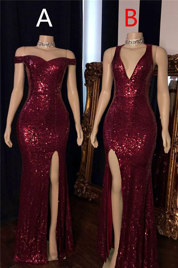 Burgundy Off-The-Shoulder Sequins Side-Slit Mermaid Prom Dresses-showprettydress