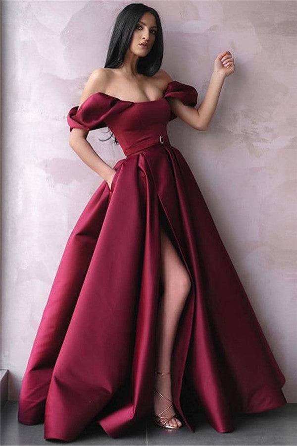 Burgundy Off-The-Shoulder Side-Slit Princess A-Line Prom Party Gowns-showprettydress