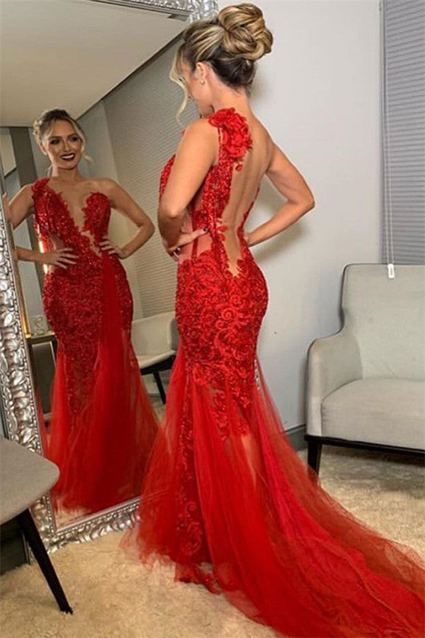 Burgundy One-Shoulder Lace Applique Backless Mermaid tulle Prom Dresses-showprettydress