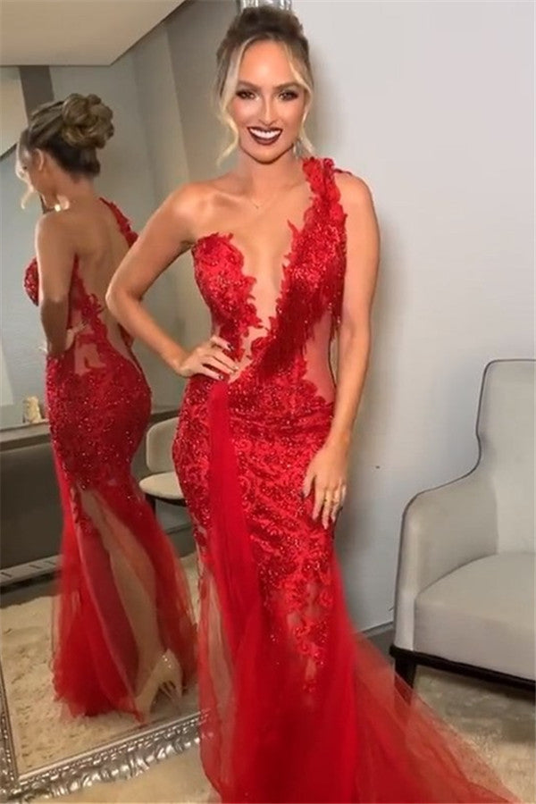 Burgundy One-Shoulder Lace Applique Backless Mermaid tulle Prom Dresses-showprettydress