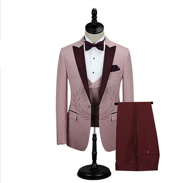 Burgundy Peak Lapel Men Marriage Suits Pricey Pink One Button Wedding Tuxedos-showprettydress
