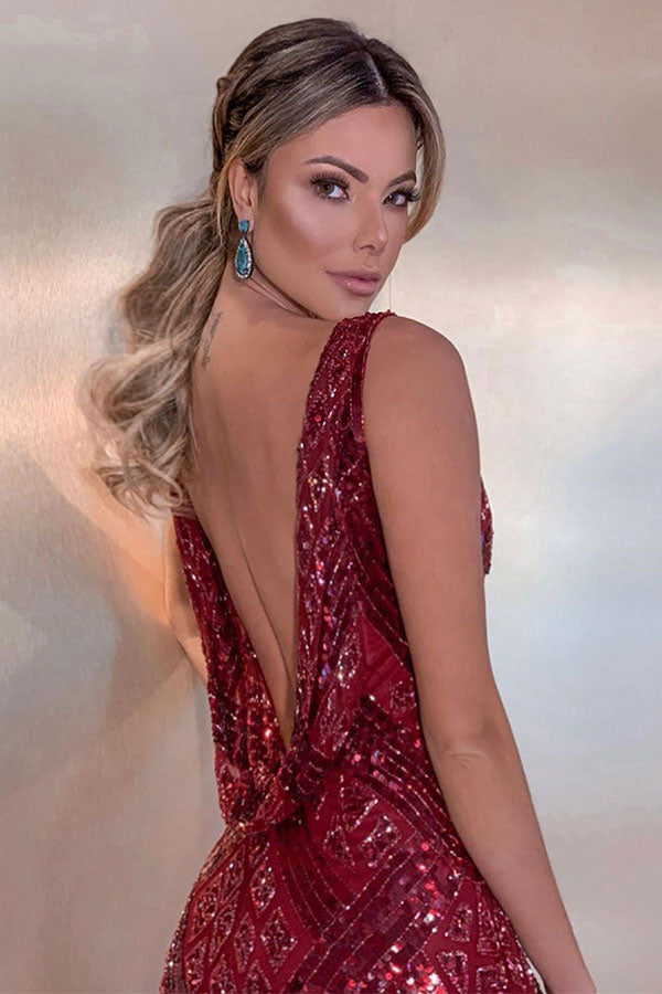 Burgundy Sequined Sleeveless V-neck Prom Dresses On Sale with Draped Open Back-showprettydress