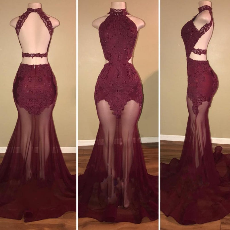 Burgundy Sheer-Tulle Lace-Appliques High-Neck Mermaid Prom Dresses-showprettydress