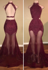 Burgundy Sheer-Tulle Lace-Appliques High-Neck Mermaid Prom Dresses-showprettydress