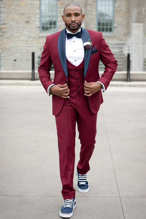 Burgundy Slim Fit Men Suit with Black Shawl Lapel-showprettydress