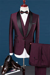 Burgundy Slim Fit Shawl Lapel Groomsmen Suit Fashion Black Trim Tuxedo Men Three-pieces Suits-showprettydress