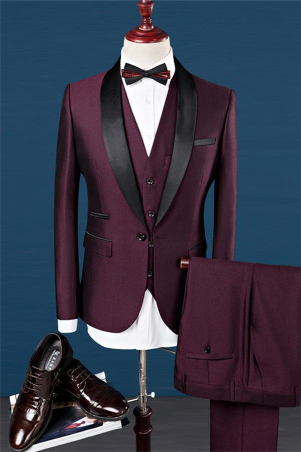 Burgundy Slim Fit Shawl Lapel Groomsmen Suit Fashion Black Trim Tuxedo Men Three-pieces Suits-showprettydress