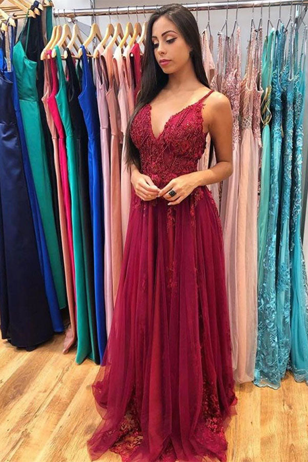 Burgundy Spaghetti Strap V-neck A-line Prom Dresses with Lace Appliques-showprettydress
