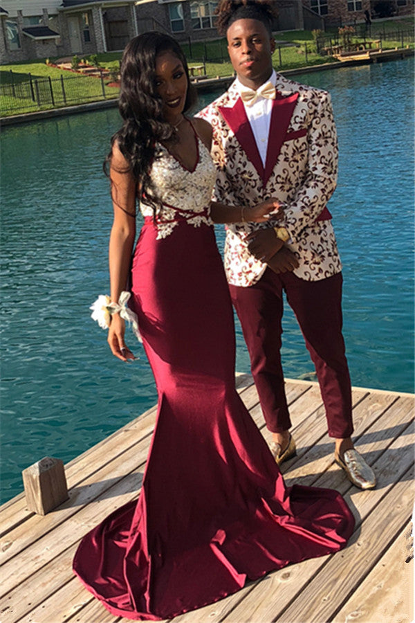 Burgundy Spaghetti Straps Applique Mermaid Sleeveless Prom Dresses-showprettydress