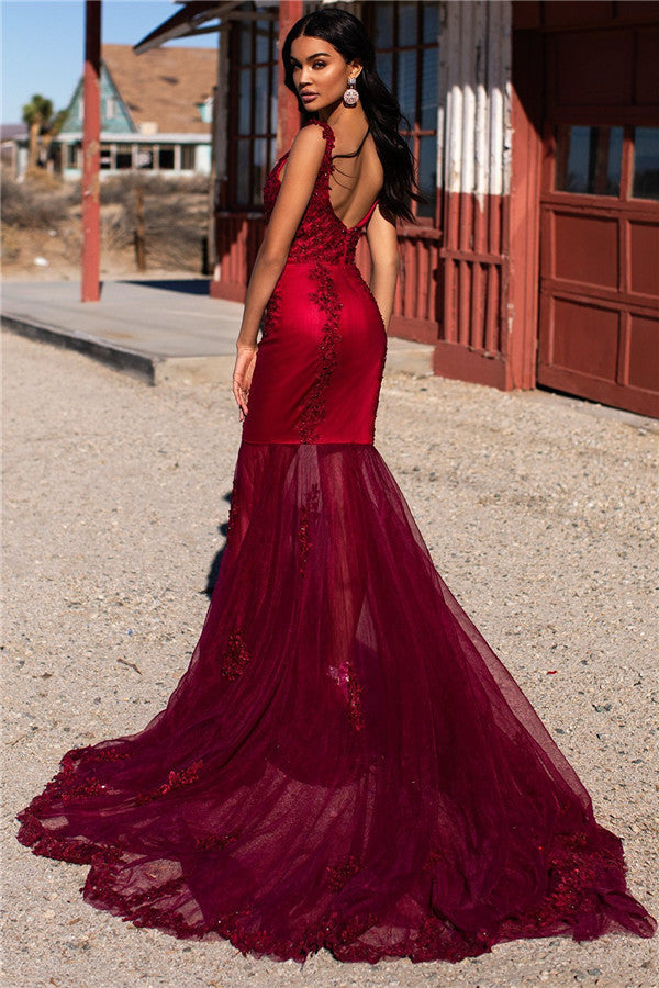 Burgundy Straps Appliques Tulle Mermaid Prom Dresses-showprettydress