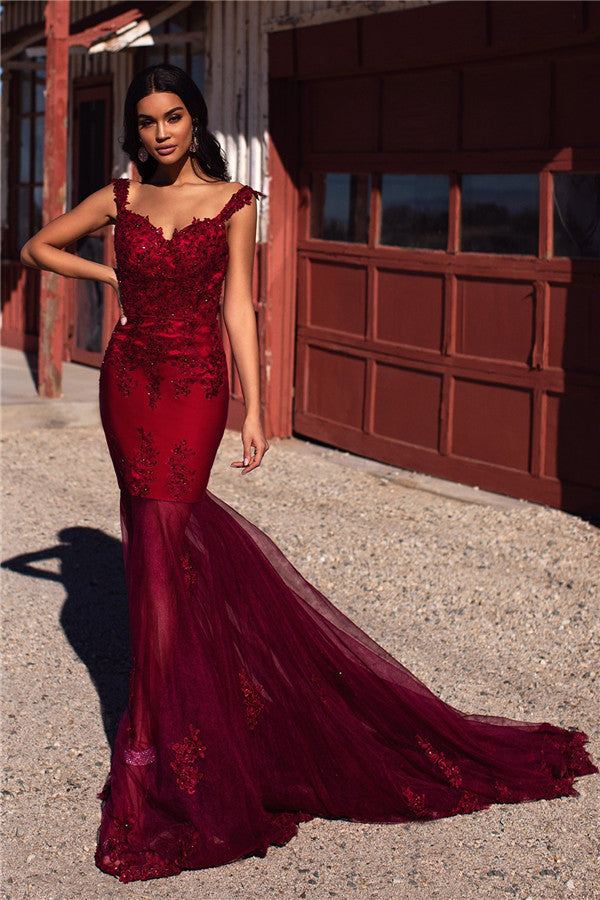 Burgundy Straps Appliques Tulle Mermaid Prom Dresses-showprettydress