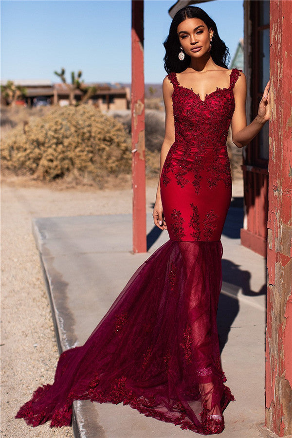 Burgundy Straps Appliques Tulle Mermaid Prom Dresses-showprettydress