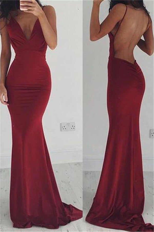 Burgundy Stretchy Spaghettis-Straps Backless Column Prom Dresses-showprettydress