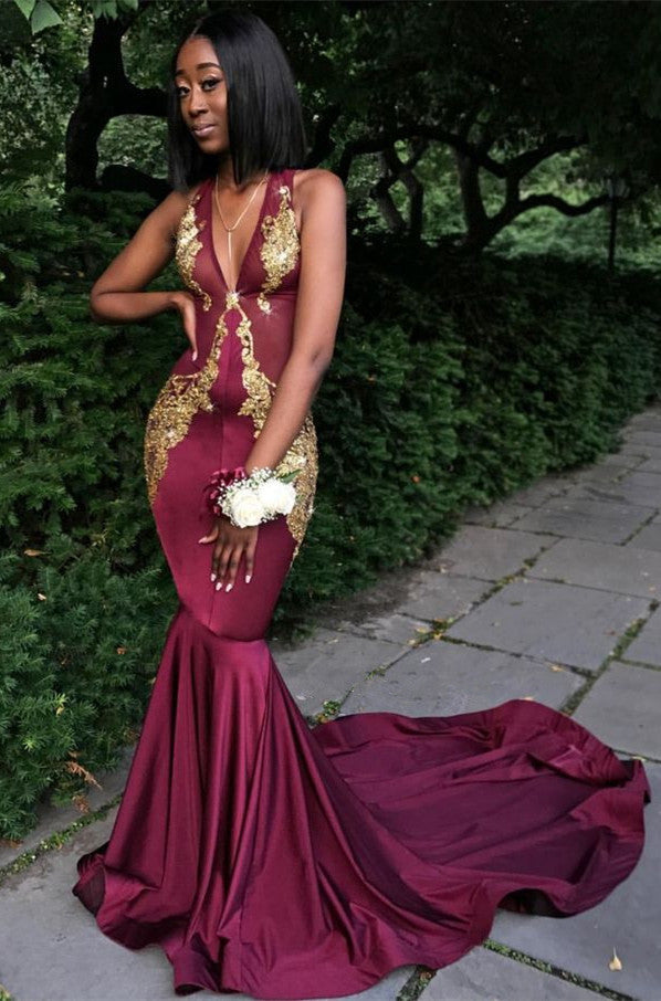 Burgundy V-Neck Prom Dress, Mermaid Evening Dress-showprettydress