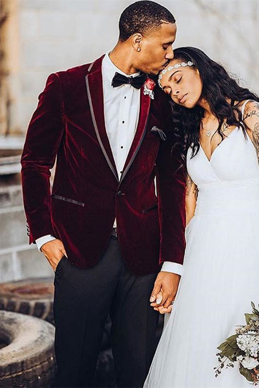 Burgundy Velvet One Button Wedding Groom Suit for Men-showprettydress
