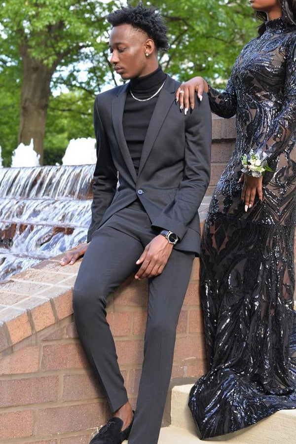 Black Notched Lapel One-Button Prom Suit