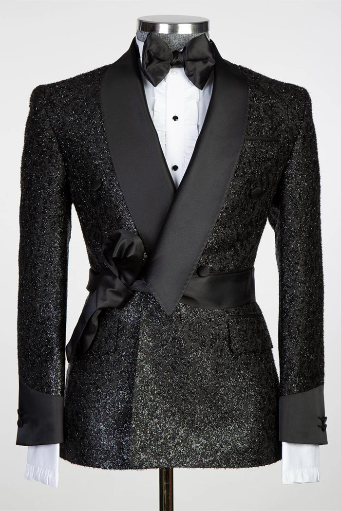 Lapel Sparkling Black Men's Suit with Ribbon Belt