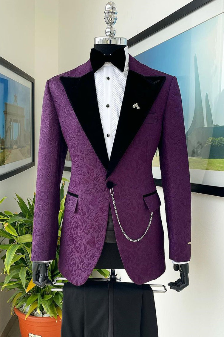 Dark Purple Peaked Lapel Jacquard Prom Suit
