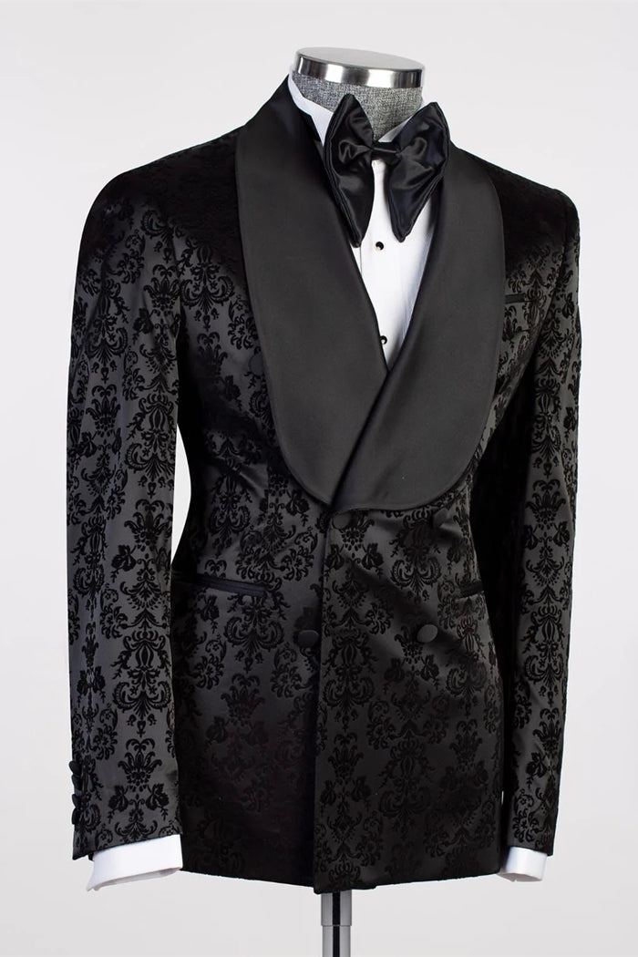Black Floral Jacquard Shawl Lapel Men's Suit