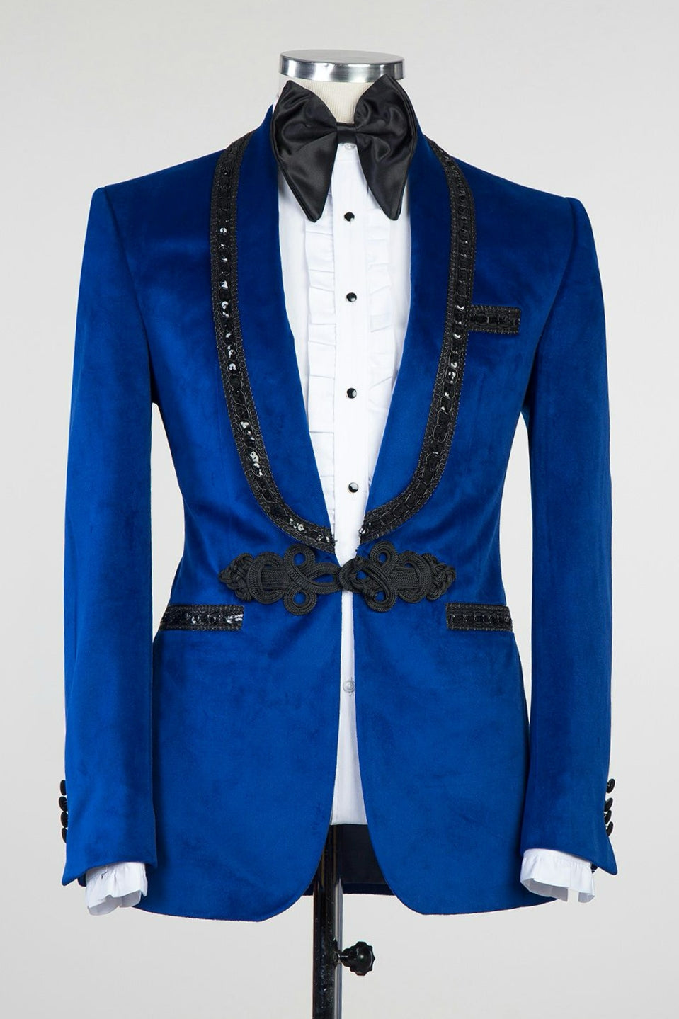 Royal Blue Velvet Knitted Button Prom Suit with Black Chains