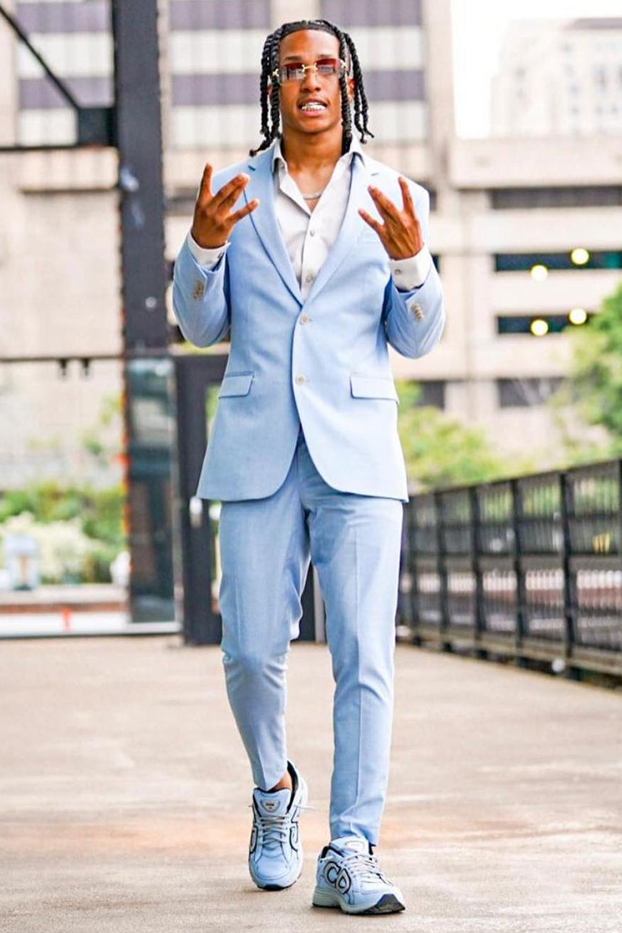 Sky Blue Notched Lapel Close-Fitting Prom Suit
